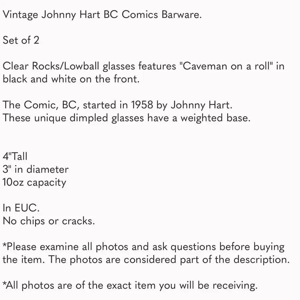 Vintage Johnny Hart BC Comics Caveman on A Roll Rocks Glasses Barware.